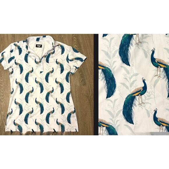 Waggle Tops - Waggle Peacock Print Golf Polo Small Stretch Performance Top